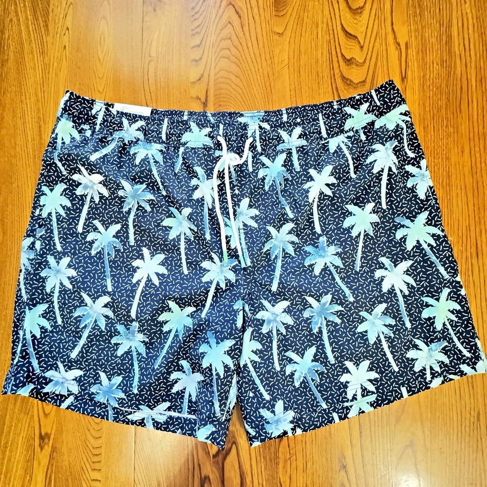 NWT Member's Mark Blue Palm Tree Lined UPF 50 Stretch Resort Swim Trunk Mens XXL